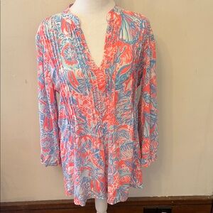 Lilly Pulitzer pink blue white floral long sleeve tunic Size M EUC